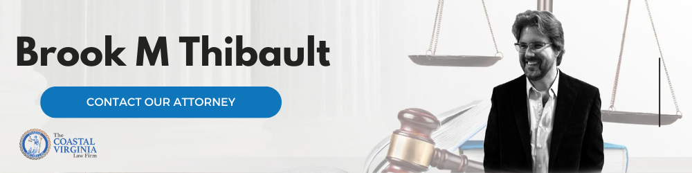 Brook M Thibault, attorney at Coastal Virginia Law Firm, with gavel and scales of justice in background, emphasizing expertise in military divorce and personalized legal services.